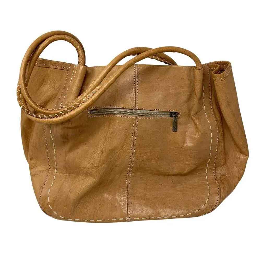 Elegantria Leather Tote Bag Tan Whipstitch Details